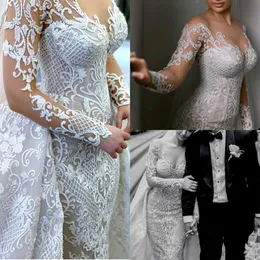 Koronkowe aplikacje syrena sukienka ślubna klejnot klejnot długie rękawy suknie ślubne niestandardowe wykonane pociąg arabski desetos de noiva