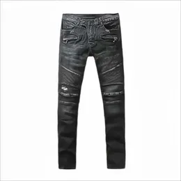 Мужские дизайнерские джинсы расстроенные разорванные байкерские байкерские мотоциклетные байкеры Джинсовый для мужчин модные мужчины Черные брюки Pour Hommes YF39