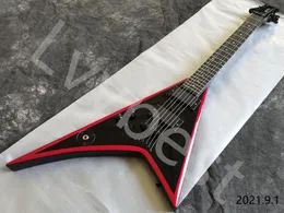 Guitarra elétrica 6 string v forma preto cor sólida cor vermelha própria forma de cabeçote com porca de logotipo sem passagem de slot