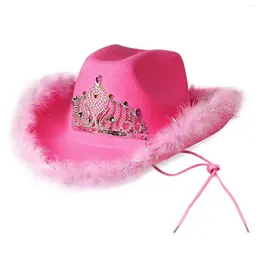 Berets Western Style Cowboy Hat Pink Women's Fashion Party Night Club Warped Gree Brim z cekinową deciną koroną tiara cowgirl