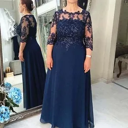 Dark Navy Mother of the Bride Dress for Wedding Party Lace Chiffon 3/4 ￤rmar plus storlek Mor till brudgummen Suits aftonkl￤nningar