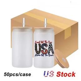 US Warehouse 16oz Sublima￧￣o Canecas de cerveja de vidro com palha de palha de bambu DIY Blanks Fosted Clear pode moldado copos de transfer￪ncia de calor BB1125
