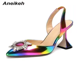 Aneikeh Color Pu Fashion Women Sandals на каблуках заостренные носки солнце