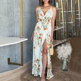 Abiti casual Sexy Backless Long Women Summer Floral Print Profondo scollo a V Halter Lace Up Split senza maniche Maxi Party Beach Dress Femme