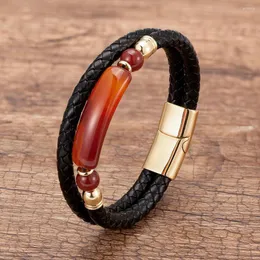 Bracelets de charme corda multicamada de pedra natural aço inoxidável Bala de gano magnético jóias masculino Moda de couro genuíno Bracelet Men