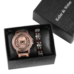 Armbanduhren Männliche Uhr Luxus Rot Kupfer Retro Geprägte Schädel Kalender Quarz Mode Lässig Leder Armband Set Für Männer