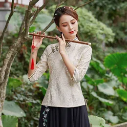 Abbigliamento etnico Cheongsam Womens Plus Size Short Tops 2022 Summer Fashion Lace Prints Colletto alla coreana Slim Fit cinese Qipao Camicie Donna