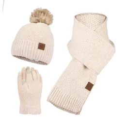 Design moda inverno sciarpa lavorata a maglia cappello guanti set spessi caldi berretti berretti cappelli per le donne all'aperto neve equitazione ragazza 3 pezzi set