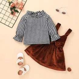 Kl￤dupps￤ttningar Sm￥barn Kid Girl Clothes Set Plaid L￥ng ￤rm Topps V-ringning Velvet Dress Outfits Autumn Spring Children D01