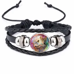 UPDATE Moon Wolf Handmade Glass Cabochon Woven Leather bracelet Bangles Mens Black Punk Animal Bracelets hip hop jewelry drop ship