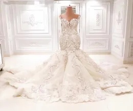 Michael Cinco Sparkly Lace Mermaid Wedding Dresses Cathedral 기차 3D Floral Vneck Backless Dubai Arabic Fishtail Bridal Dress2237866