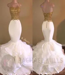 Sexy Gold Applique Ruffles Lace Mermaid Prom Dresses SpaghettiStrap Sleeveless Backless Evening Gowns With Beaded Crystal BA49258244073