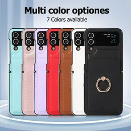 Samsung Galaxy Z Flip 4/3 Solid Color Lambskin Texture PUレザーリングキックスタンド保護ケースの衝撃プルーフ電話ケース