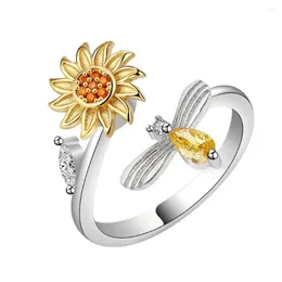 Cluster-Ringe, verstellbar, Sonnenblume, rotierender weiblicher Ring, Kompression, Angst, Dekompression, eingelegter Diamant, offener Finger für Frauen, exquisiter Schmuck