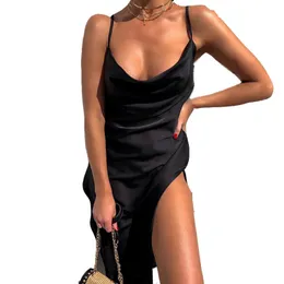 Sıradan Elbiseler Seksi Satin V Boyun Slip Maxi Elbise İlkbahar Yaz Lady Vestido Kadın Spagetti Kayış Kolsuz Sırtsız Yan Bölünmüş Uzun