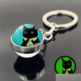 Anéis -chave Double Side Glass Ball Cat Keychain Glow in the Dark Pingents Key Setters Bag Hangs Fashion Jewelry Drop Delivery Dhss8