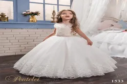 Kids Wedding Dresses with Cap Sleeves and Beaded Sash 2021 Pentelei Appliques Tulle Princess Flower Girls Gowns for Weddings1954473