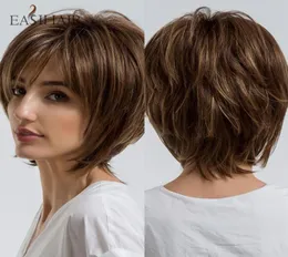 Syntetyczne peruki Easihair krótki miód brązowy dla kobiet warstwowe naturalne włosy część codzienna peruka odporna na ciepło 1089179
