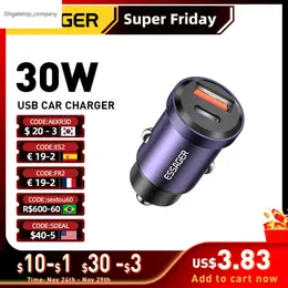 Carregador de carro Essager USB tipo C 30W Fast Charge QC PD 3.0 Isqueiro para iphone 12 13 Xiaomi Oneplus Adaptador para celulares