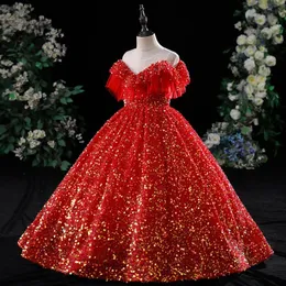 2023 Ragazze di fiore di cristallo oro vestono abiti da spettacolo abiti da ballo con paillettes rossi in rilievo vestiti per neonati per bambini piccoli abiti di compleanno di Natale