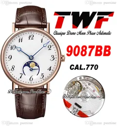 TWF Classique Dame 9087BB A770 Automatyczne męskie fazy Księżycowe fazy Rose Gold White Tekstrutowe markery numerowe brązowe skórzane paski super edycja zegarki puretime d4