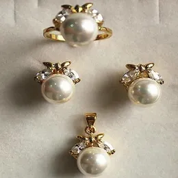fancy jewelry set 10mm white shell pearl ring Necklace pendant earring