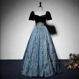 Niebieska koronkowa aplikacja A-line wieczorowa sukienka Vintage długie rękawy Satyna formalna suknia na bal