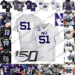 2019 Northwestern #13 Trevor Siemian 51 Pat Fitzgerald 28 Джереми Ларкин 11 Эйдан Смит Черно -серый фиолетовый белый винтажный винтаж CFB 150th Jersey