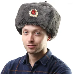 Berets Soviet Badge Lei Feng Hats Men's Russian Army Ushanka Bomber Hat Outdoor Warm Plus Velvet Thicken Caps Faux Fur Snow