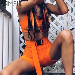 Saimishi Neon Green Short Cami Tops and Hollow Out Buckle Shorts Women Tracksuit Set 2019 Sexy Summer Two Piece Club257J