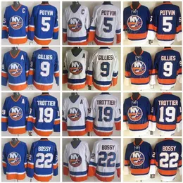 New York Retro Islanders Hóquei 19 Bryan Trottier Trowback 22 Mike Bossy 5 Denis Potvin 9 Clark Gillies Vintage Blue White Team All'nhl''''Shirt