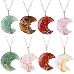 Creative Moon Life Tree Pendant Necklace Natural Crystal Stone Necklaces Fashion Accessories Gift Whit Chain