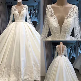 Dubai Saudi Arabic Lace Beaded Ball Gown Wedding Dresses with Long Sleeves Sexy Deep V Neck Princess Bridal Dress Formal Satin Illusion Back Vestidos De Novia CL1511