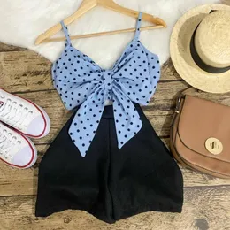 Kleidungssets 2 Stück Kinder Mädchen Kleidung Polka Dots Print V-Ausschnitt Trägerlose Tops Einfarbige HosenRock Shorts 2-7Jahre für den Sommer