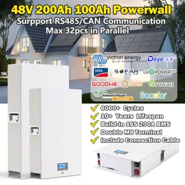 48V Powerwall LifePo4 200AH 100AH ​​51.2V 10KWH 벽 장착 배터리 팩 16S BMS RS485 CAN 6000 사이클 에너지 Storag