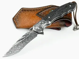 Damascus Flipper Folding Collection Knife VG10 Lama di Damasco Carving Testa in acciaio Manico in ebano Coltelli da tasca tattici da campeggio all'aperto