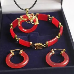 Red natural Jade 18KGP Dragon Pendant Necklace Earrings Bracelet Set