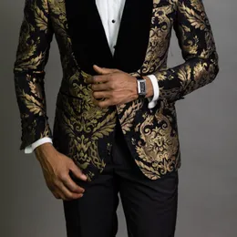 2023 Black Luxury Floral Jacquard Prom Tuxedos Men Suits 2 Piece Slim Fit With Velvet Shawl Lapel Wedding Groom Tuxedo Male Fashion Clothes Plus Size Custom Made