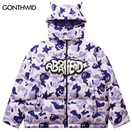 Masculino para baixo Parkas Hip Hop Removável Capuz Jaqueta Streetwear Camouflage Diabo Horn espessado Bolha quente Casacos acolchoados Harajuku Puffer Jackets 221124