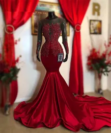 Красные изделия из бисера, бархатные выпускные платья иллюзия с длинным рукавом, без спинка aso ebi рыбное вечернее платье русалка черная девушка