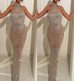 Sparkle Sequins Tassels Mermaid Prom Dresses 2019 Elegant Bling Halter Neck Manecels Vestidos de noche Middle East Celebrity Gowns2711063