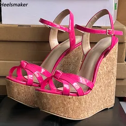 Heelsmaker Handmade Women Platform Sandals Wedges Heels Round Toe Beautiful Fuchsia Party Shoes Ladies US Plus Size 5-20