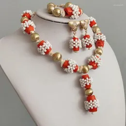 Kolye Kolye Küpe Seti 4ujewelry Afrikalı Kadın Stil Turuncu Orijinal Mercan Beyaz Boncuklu Parti Takı Basit Nijeryalı Düğün Brida