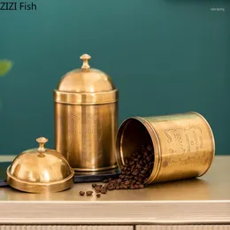 زجاجات التخزين الجرار النحاسية الذهبية والأغطية علبة شاي القهوة Coffee Candy Pots الديكور الحرف المجوهرات حاويات مستحضرات التجميل