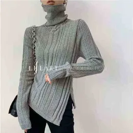 Damenpullover Korean Fashion Damen Rollkragen Herbst Winter Seitenschlitz Vintage Strickpullover Tops Slim Long Sleeves Basic Top J220915