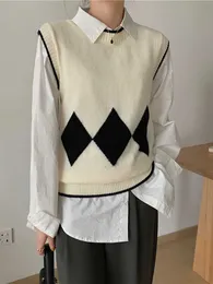 Women's Sweaters JMprs Argyle Plaid Women Sweater Vest Casual O Neck Loose  Black Korean Simple Knitted Jumper Fashion Designed Tops New J220915