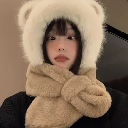 Cloches Hat and scarf integrated female winter Korean cute bear ears plush hat plush thickened riding ear protection cap tide