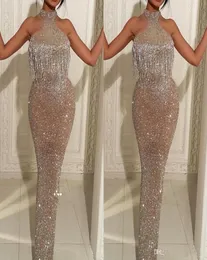 Sparkle Sequins Tassels Mermaid Prom Dresses 2019 Elegant Bling Halter Neck Manecels Vestidos de noche Middle East Celebrity Gowns2571321