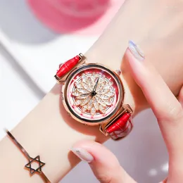 Armbandsur 2022 Luxury Rotation Watch for Women Ladies Casual Vintage Leather Band Top Brand Creative Gift Relojes Para Mujer