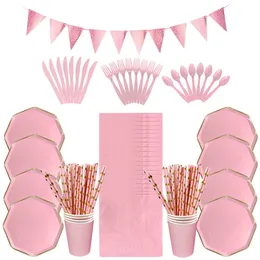 Einweggeschirr, 86/126-teiliges Party-Set, rosafarbenes Geschirr, Pappteller, Tasse, Serviette, Messer, Gabel, Löffel für Geburtstag, Hochzeit, Babyparty, Dekoration 221128